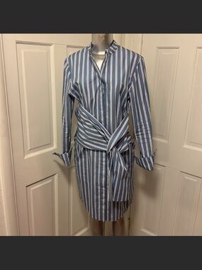 Victoria Beckham Blue Stripe Dress with Tie Waist